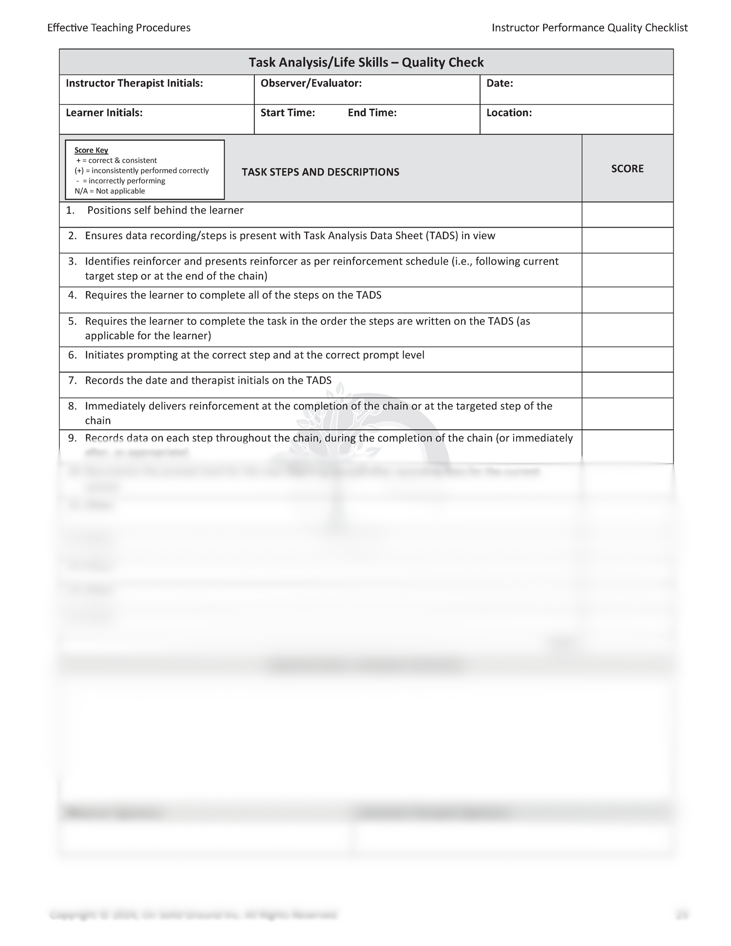 Effective Teaching Procedures: Instructor Therapist Performance Quality Checklists