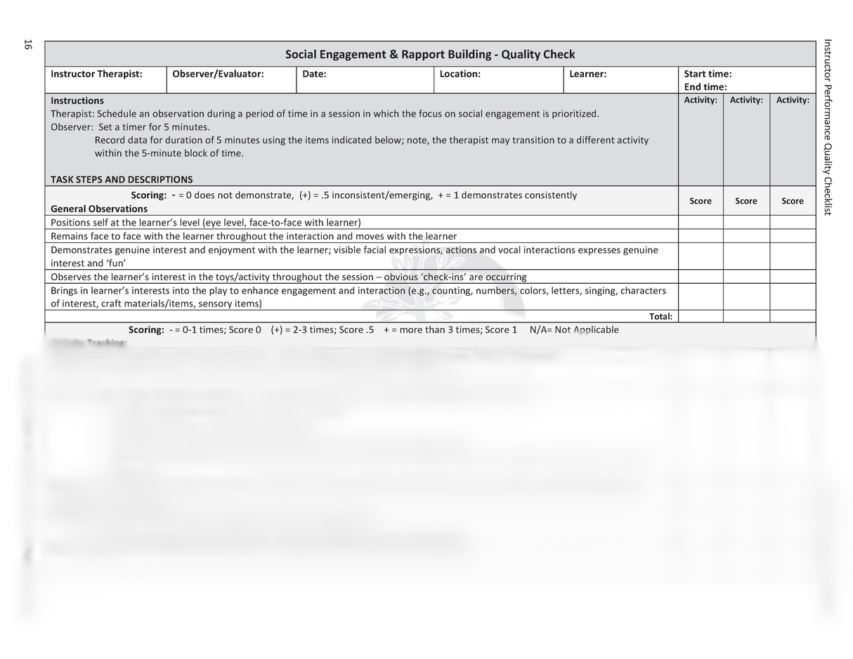 Effective Teaching Procedures: Instructor Therapist Performance Quality Checklists