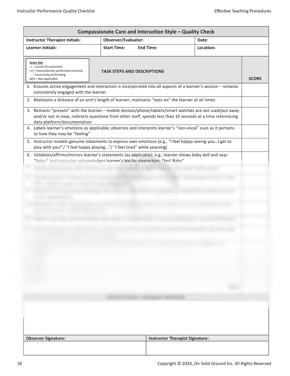 Effective Teaching Procedures: Instructor Therapist Performance Quality Checklists