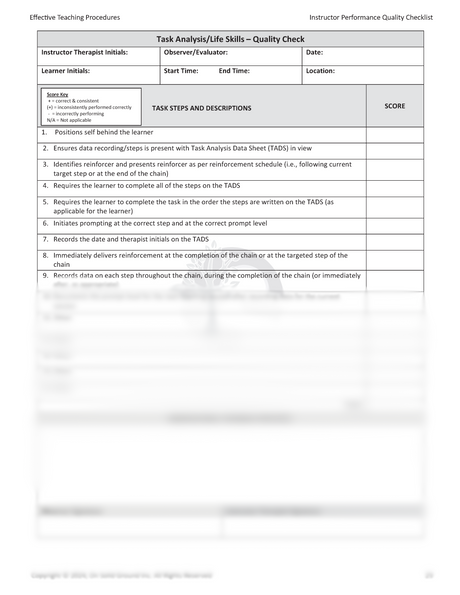 Effective Teaching Procedures: Instructor Therapist Performance Quality Checklists