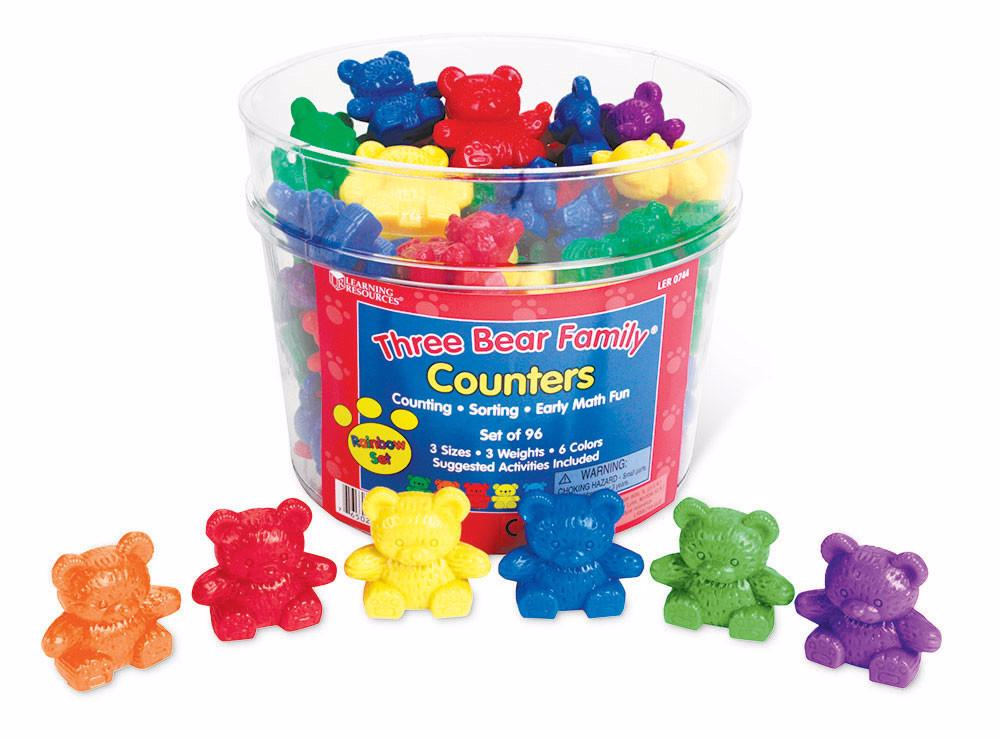Bucket of Three Bear Family Counters in different colors, sizes, and weights for sorting, organizing, and more play. Great for classrooms and ASD autistic children.