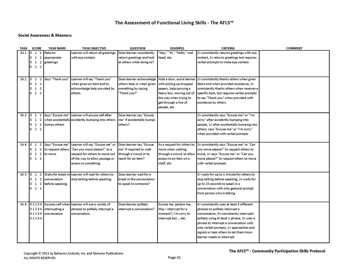 AFLS Community Participation Skills Assessment Protocol