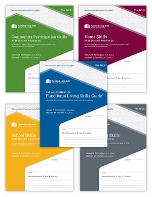 The Assessment of Functional Living Skills AFLS Assessment Bundle Guild Book, Basic Living Skills Assessment, Home Living Skills Assessment, Community Living Skills Assessment, and SChool Skills Assessment.